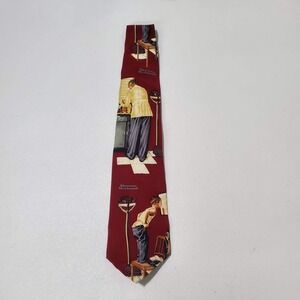 VINTAGE Normal Rockwell Men Tie OS Red 100% Silk‎ 1993 Saturday Evening Post Doc